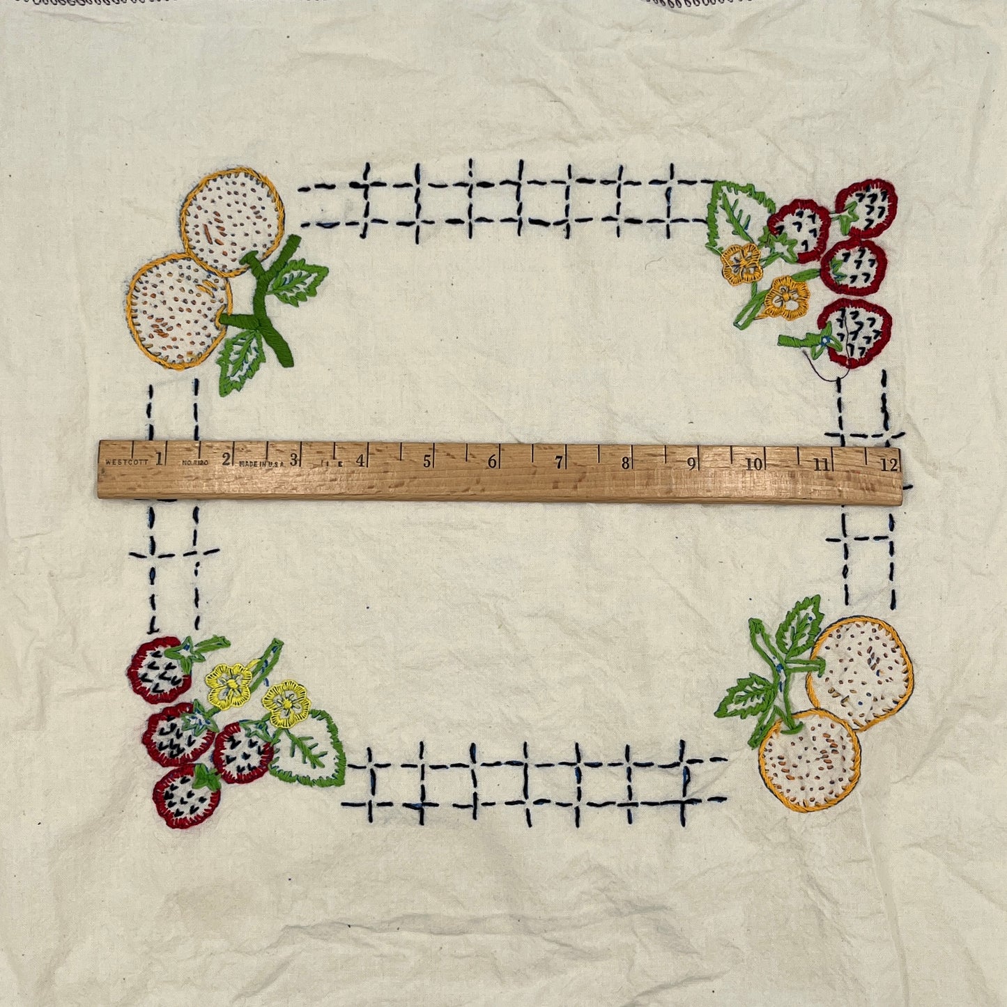 Vintage Hand-Embroidered Fruit & Flower Square, Cottagecore Linen Panel