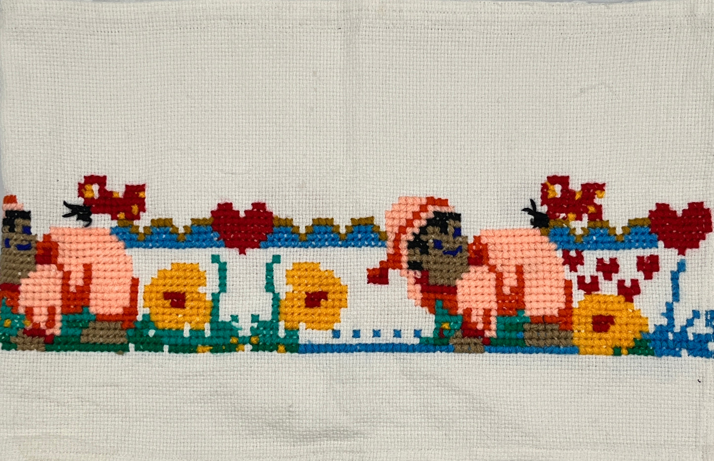 Vintage Hand-Stitched Cross Stitch Panel, 9” x 27”