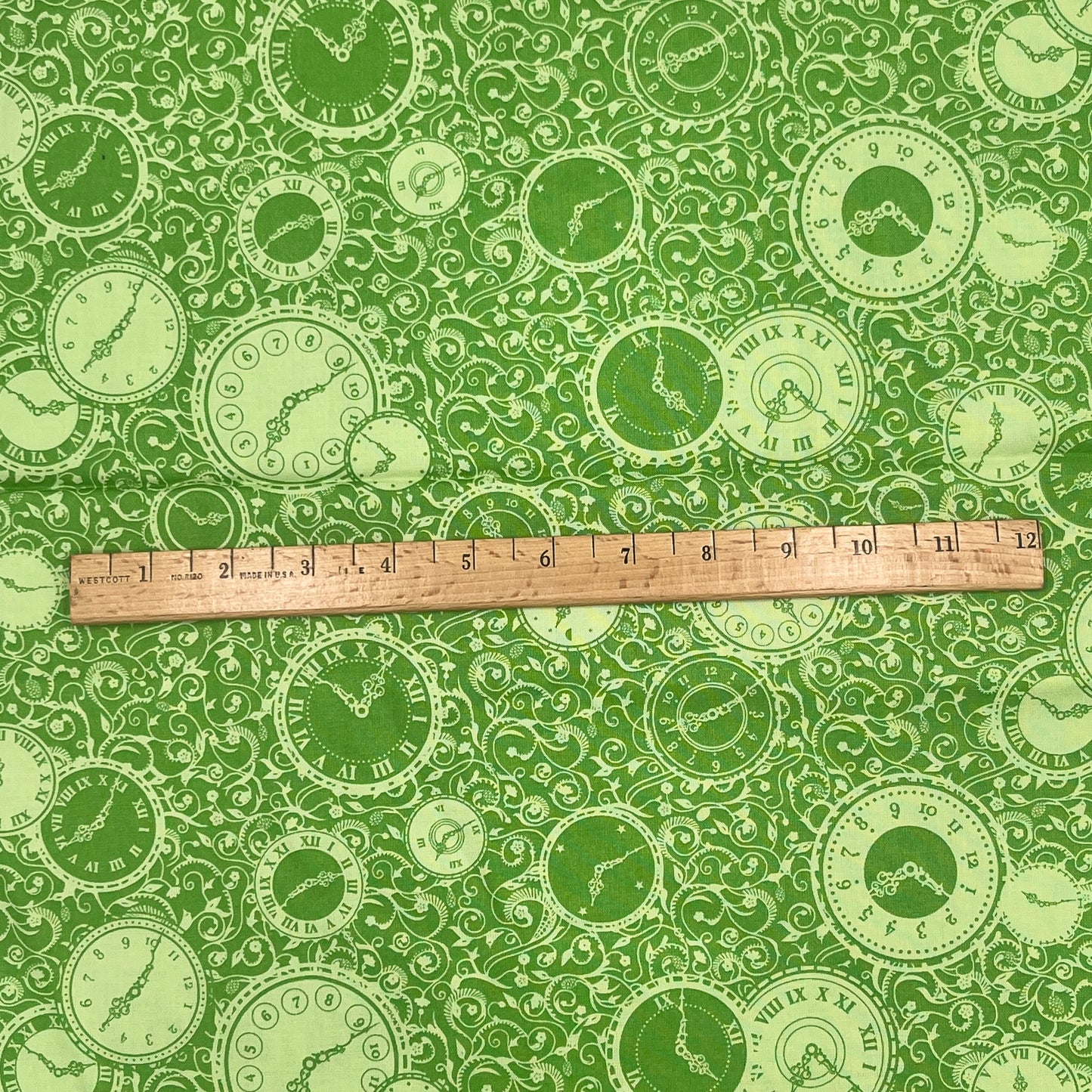 1 Yard Green Clock Print, Premium Quilting Cotton