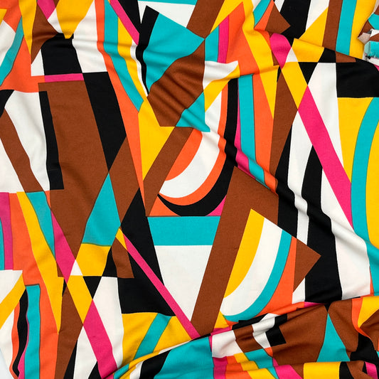 3 Yards Retro Geometric ITY Knit, Brown, Teal, Pink & Gold on White