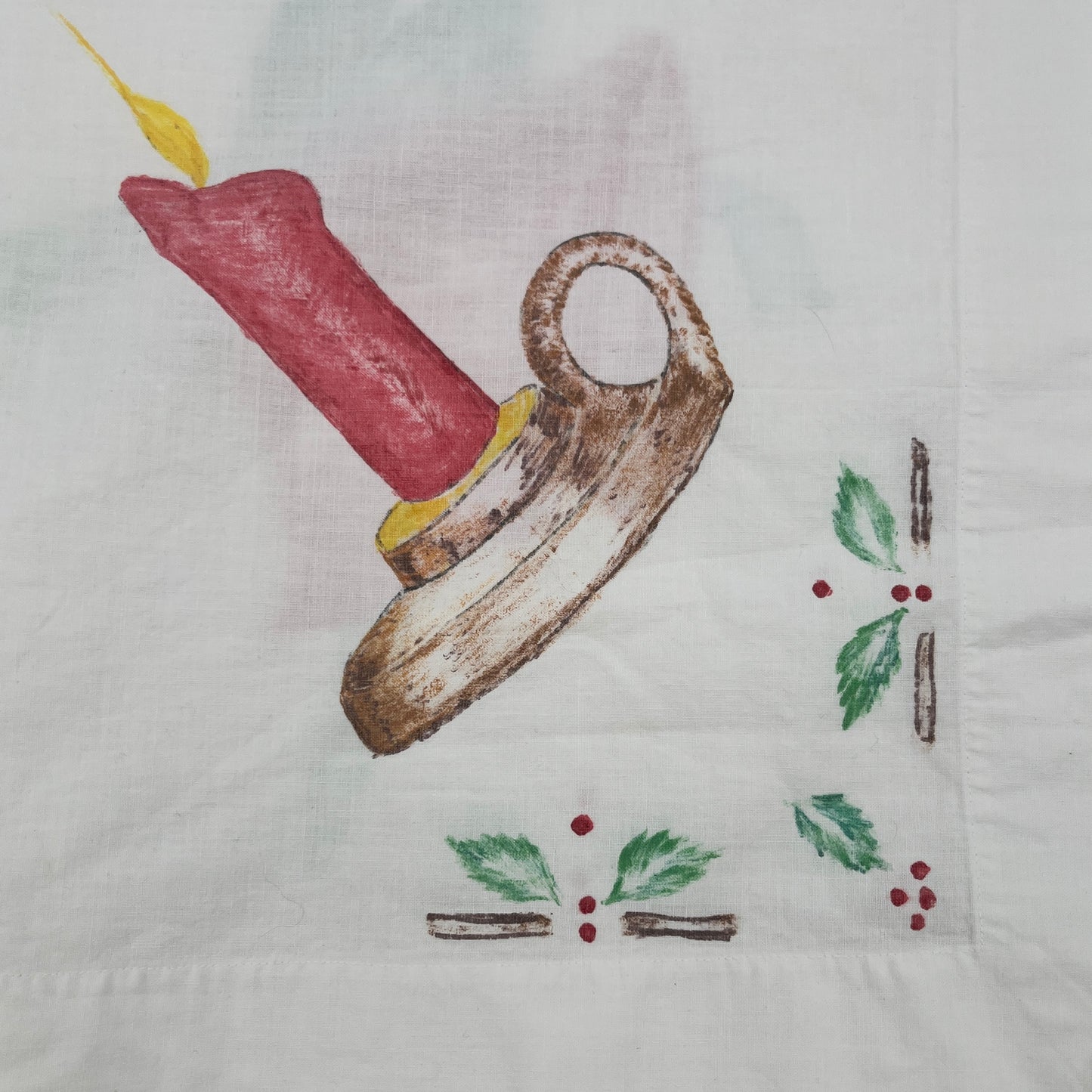 47" x 51" Hand-Painted Christmas Tablecloth, Vintage Cotton