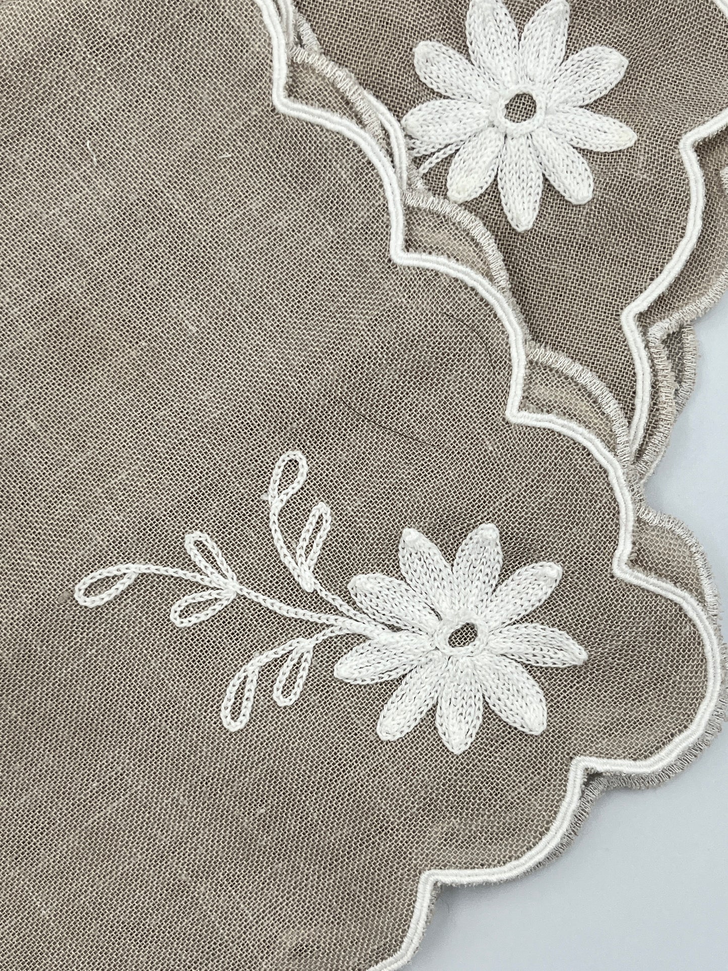 Set of 8Taupe Linen Napkins with Embroidered Daisies, 15” x 15”