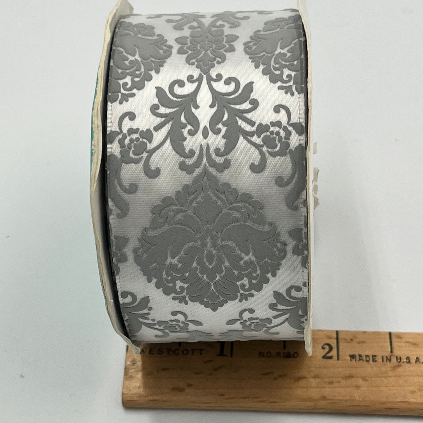 2 2/3 Yards Silver Damask Ribbon, 1 3/4" Wide