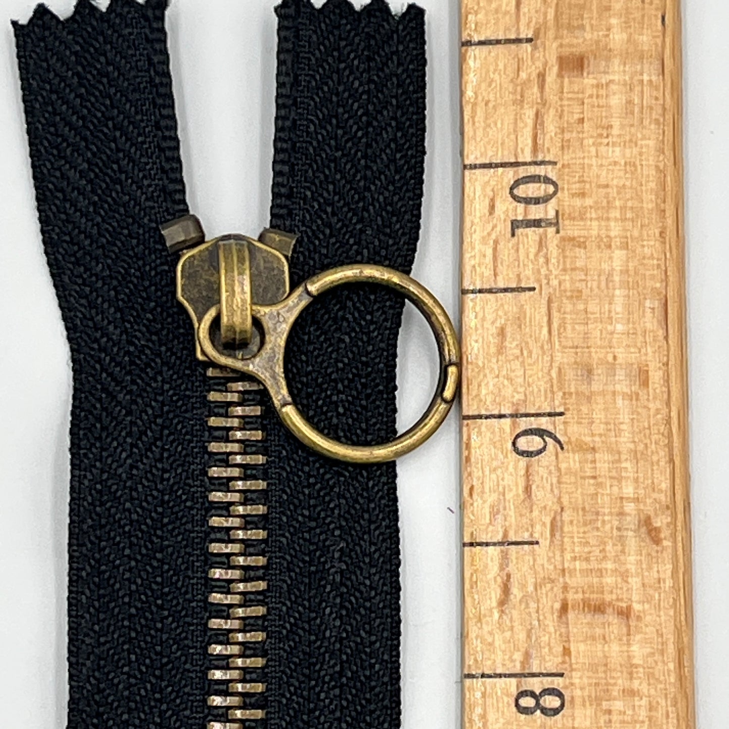 9" Brass Ring Pull Metal Zipper, Black Tape, Antique Gold Teeth