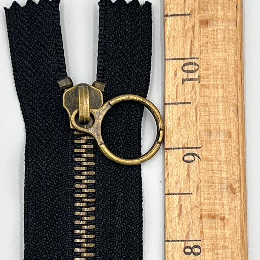 9" Brass Ring Pull Metal Zipper, Black Tape, Antique Gold Teeth