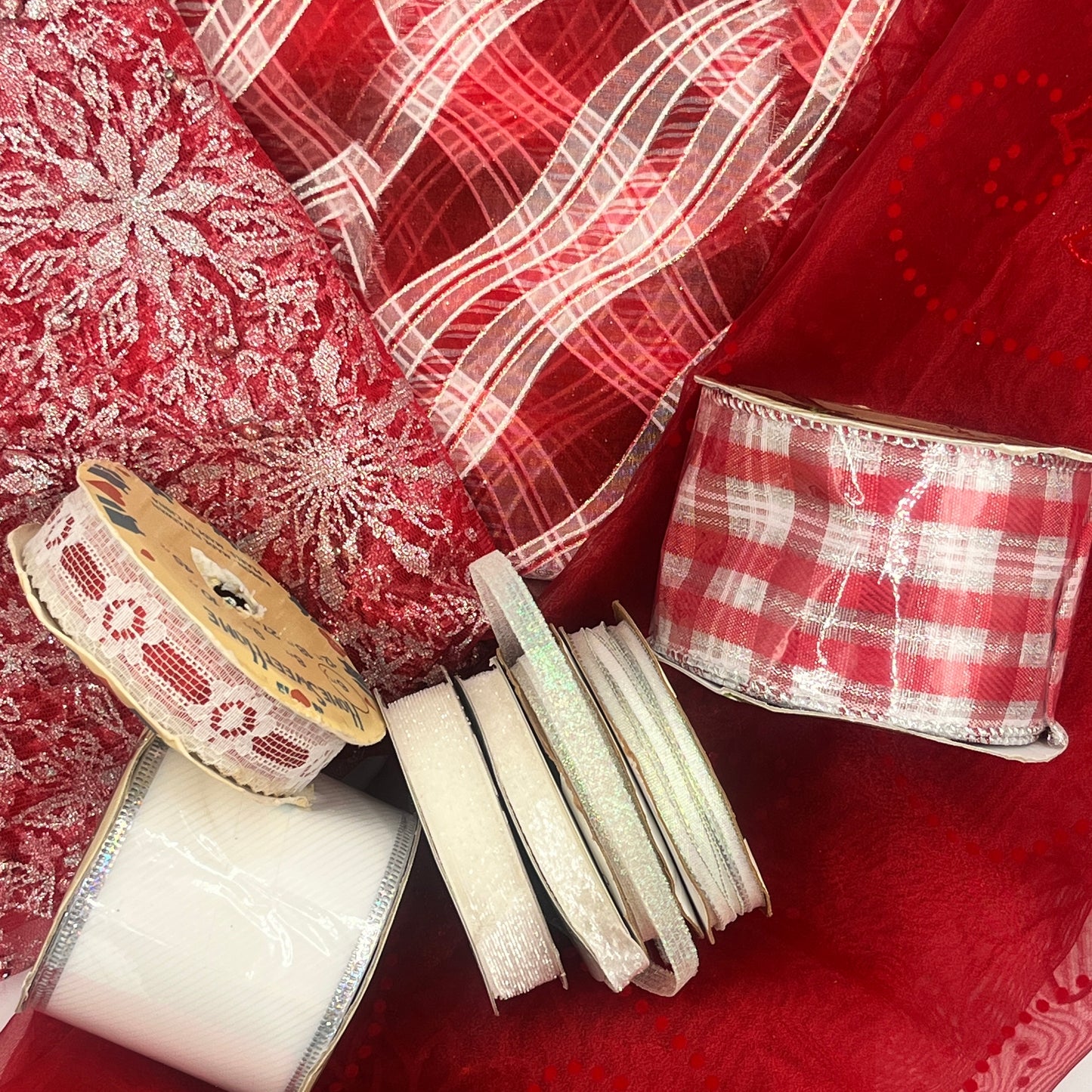 Red & White Holiday Ribbon + Sheer Fabric Decor Bundle: Glittered Plaids, Poinsettias and Snowflake Sheers