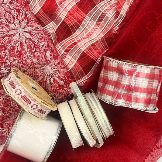 Red & White Holiday Ribbon + Sheer Fabric Decor Bundle: Glittered Plaids, Poinsettias and Snowflake Sheers