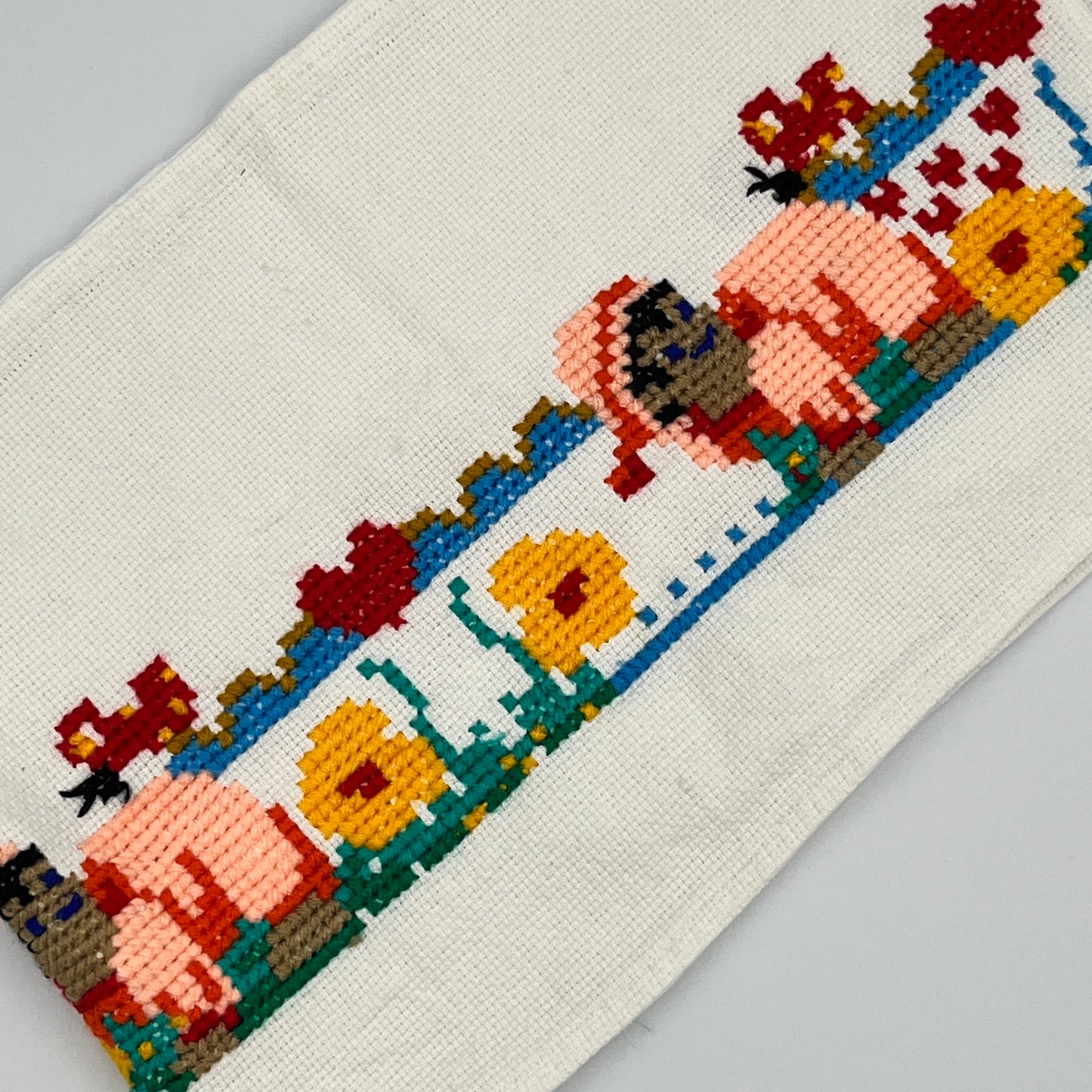 Vintage Hand-Stitched Cross Stitch Panel, 9” x 27”