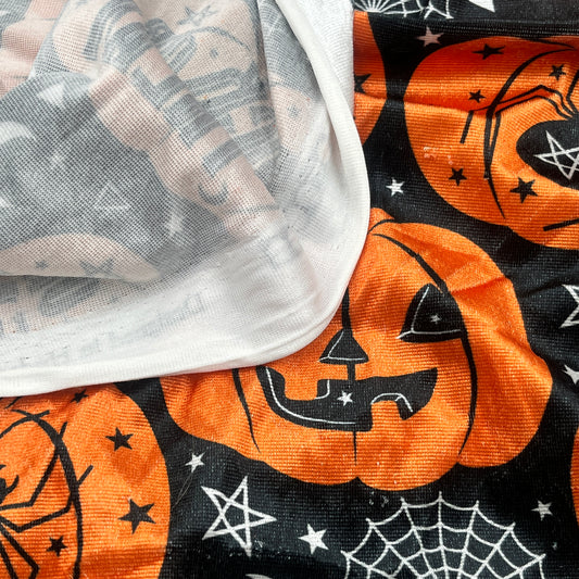 Halloween Pumpkins & Skulls Knit Fabric, see description for yardage