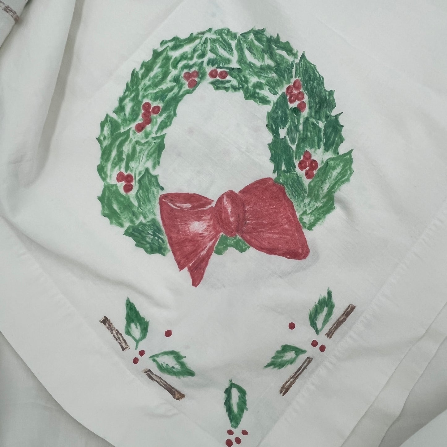 47" x 51" Hand-Painted Christmas Tablecloth, Vintage Cotton