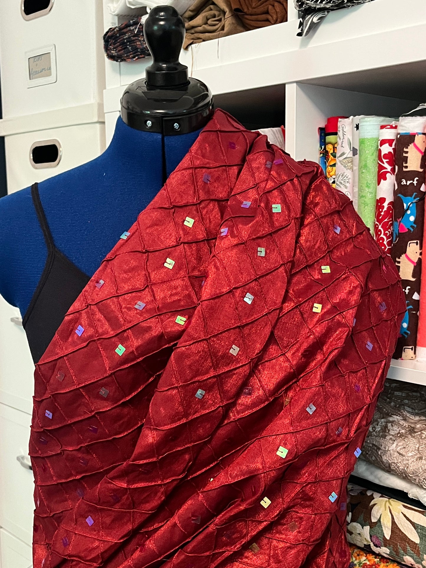 2 Yards Red Quilted Textured Sequin Apparel Fabric, Polyester