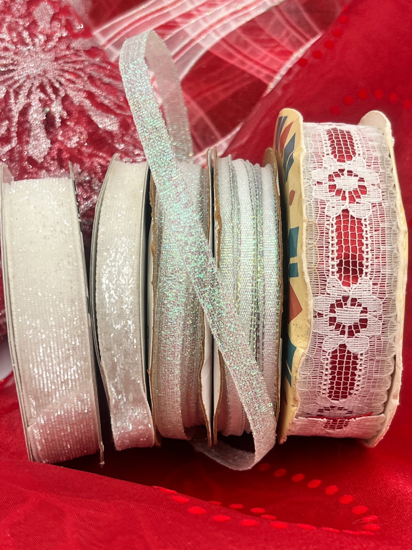 Red & White Holiday Ribbon + Sheer Fabric Decor Bundle: Glittered Plaids, Poinsettias and Snowflake Sheers