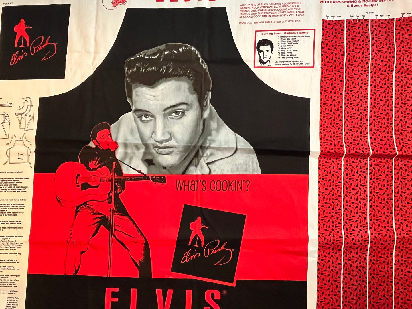 Vintage Elvis Presley Apron Panel, “What’s Cookin’?” BBQ Recipe Print, Cotton